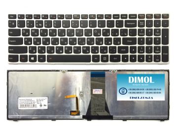 Оригинальная клавиатура для ноутбука Lenovo G50-30, G50-45, G50-70, G50-70M, Z50-70, G70-70, G70-80, Flex 2-15 rus, black, silver frame, подсветка