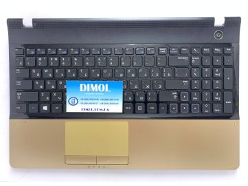 Оригинальная клавиатура для ноутбука Samsung NP300E5 series, rus, black, черно-золотая передняя панель